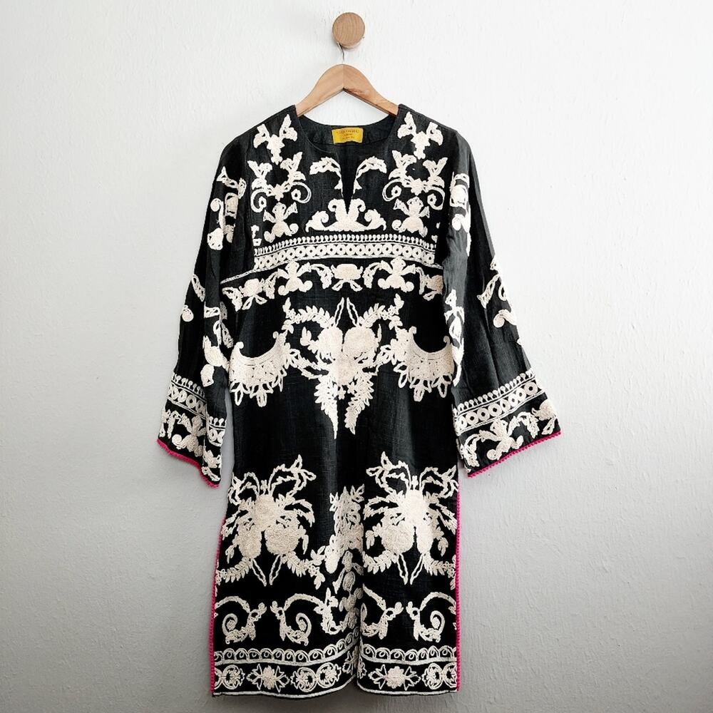 Sana Safinaz Floral Embroidered Cotton Tunic Dress Grey White Gray Midi Medium